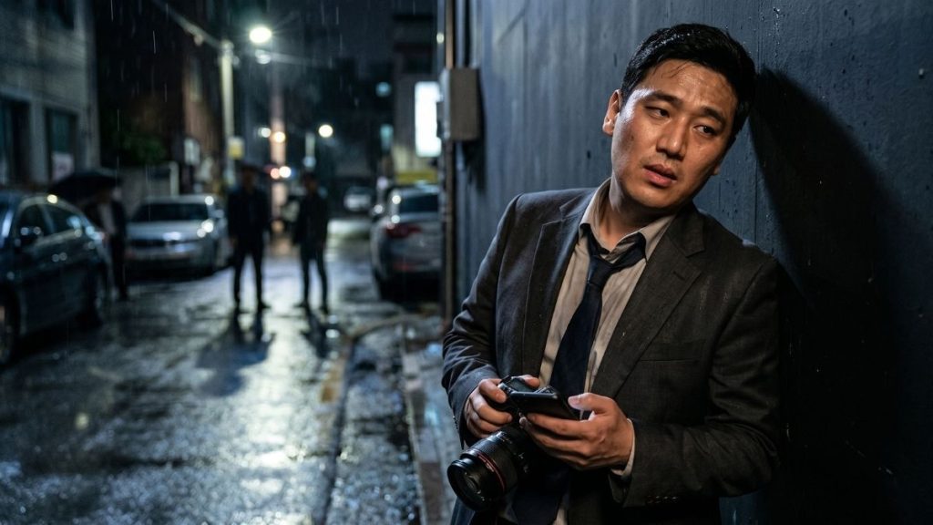 골목에 서서 벽에 기댄채 카메라를 들고 있는 고탐정