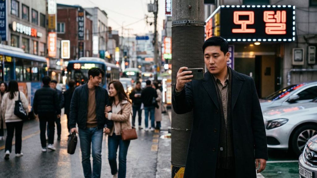사람들이 많이 다니는 거리에서 증거를 수집하고 있는 고탐정