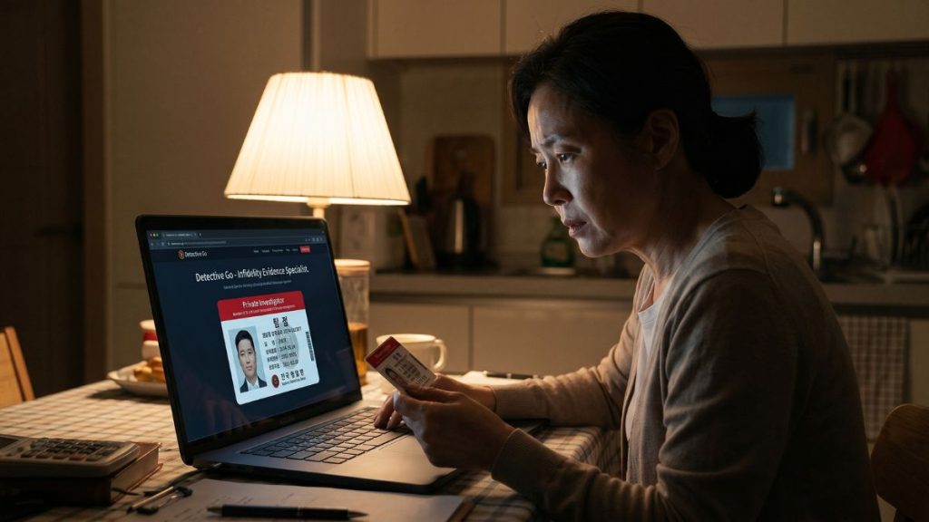 온라인으로 고탐정사무소를 검색하고 있는 여자