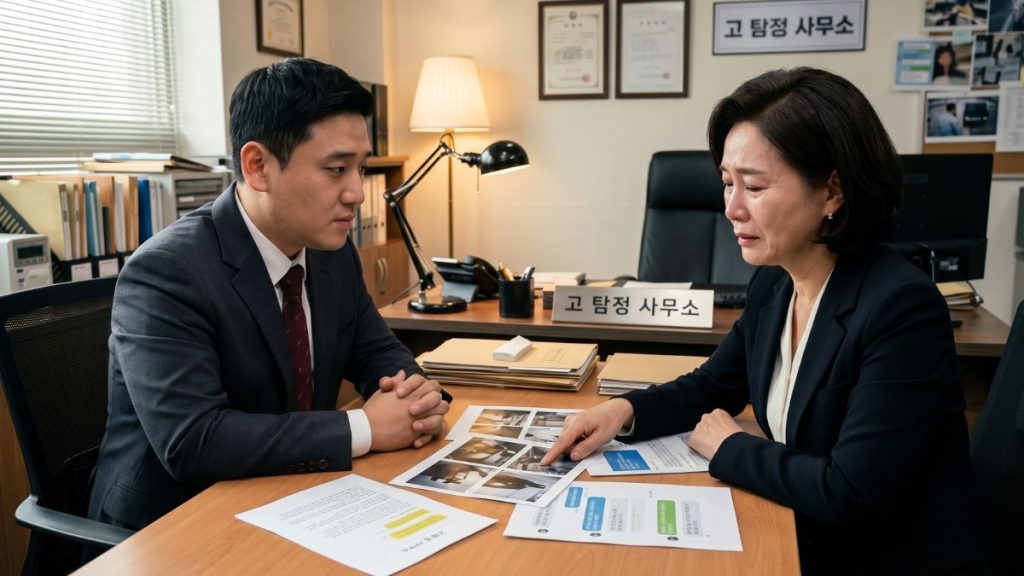 탐정사무소안에서 여자 의뢰인과 대화하고 있는 고탐정